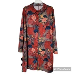 Emory Rose Orange Floral Button Down Long Sleeve Shirt Dress With Pockets Large